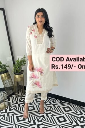 Premium White mulmul cotton printed kurta sets for women on mega sale