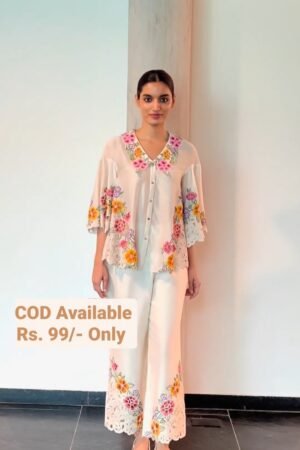 Beautiful White Ivory & multicolour floral cutwork chanderi Silk Co-ord Sets