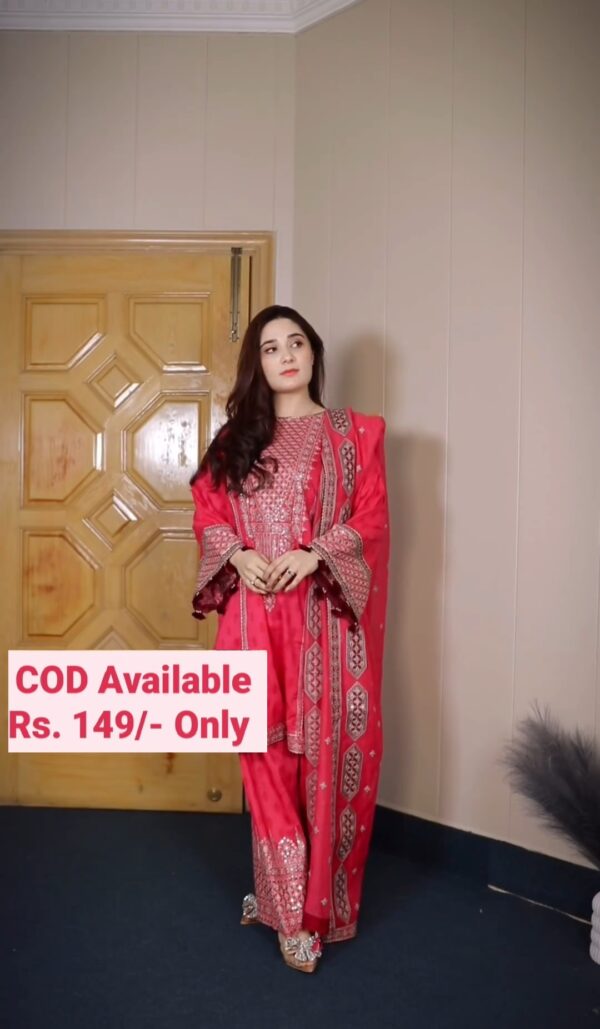 Rayon Rani Pink Embroidered Sequin Work Anarkali with Dupatta And Sharara Set Festive Collaction - Image 2