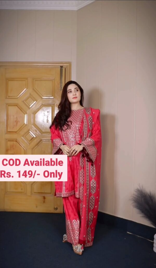 Rayon Rani Pink Embroidered Sequin Work Anarkali with Dupatta And Sharara Set Festive Collaction - Image 3