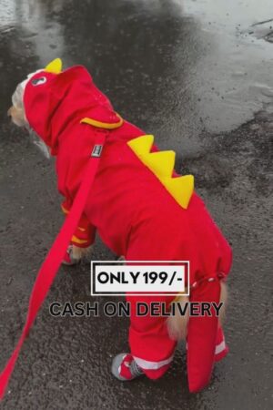 Red Dino-Themed Dog Raincoat with Hood – Waterproof Pet Jumpsuit for Dogs | Cute Cartoon Costume for Monsoon Walks