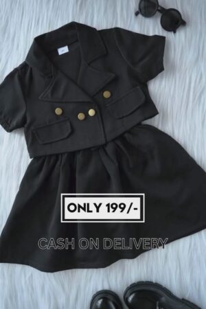 Classic Black Blazer Style Co-ord Set for Girls | Premium Cotton Fabric | Double-Breasted Jacket & Skirt | Western Party Dress for Kids