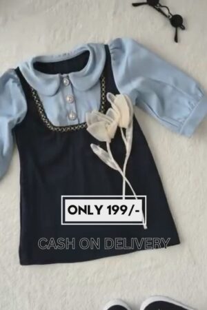 Elegant Baby Blue & Navy Layered Look Frock for Girls | Pearl Button & Peter Pan Collar Western Dress