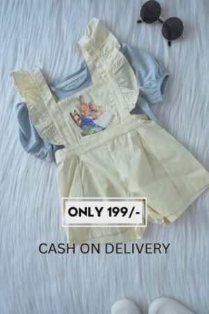 Cute Yellow Bunny Printed Dungaree Set for Girls – Summer Cotton Romper with Puff Sleeves T-Shirt