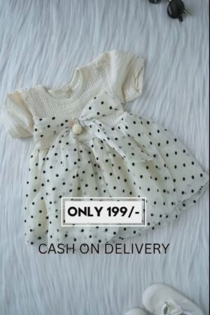 Ivory White Polka Dot Baby Girl Frock with Bow – Soft Net Party Dress for Toddlers