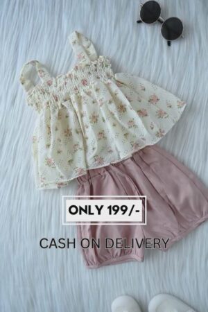 Cream Floral Smocked Top with Dusty Pink Pleated Shorts | Summer Co-ord Set for Girls | Casual Wear | Trendy Western Outfit