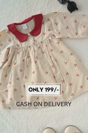 Beige Cherry Print Cotton Baby Frock with Contrast Red Collar | Girls Casual Western Dress
