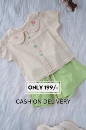 🌼 "Cream Embroidered Peter Pan Collar Top with Lime Green Pleated Shorts | Summer Co-ord Set for Girls | Cotton Casual Festive Wear"