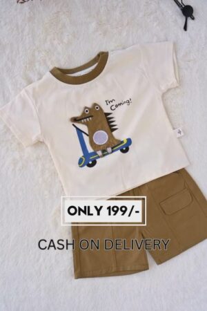 Beige & Brown Cotton Co-ord Set for Boys – Cartoon Appliqué T-Shirt with Cargo Shorts | Summer Casual Wear for Kids