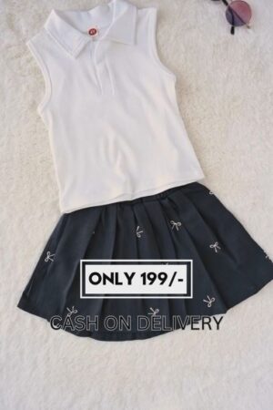 Girls Navy Blue Embroidered Skirt with White Ribbed Sleeveless Polo Top | Premium Summer Co-Ord Set for Kids