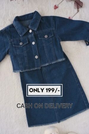 Girls Dark Blue Denim Co-ord Set with Frayed Hem Jacket & Skirt | Stylish Casual Western Wear for Kids | Trendy Two-Piece Outfit